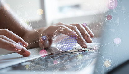 IoT, Internet of Things, global business, social network, digital marketing concept. Business woman using laptop computer with modern technology icons and internet network connection