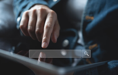 SEO Search engine optimization concept. Women using digital tablet pc searching information data on...