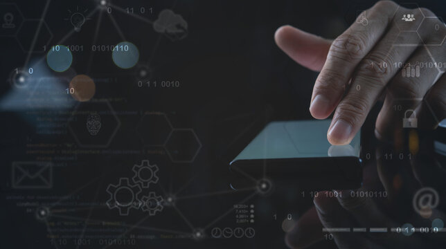 Man using mobile smart phone with global network, Digital transformation, global network technology, internet connection, big data link tech, digital marketing