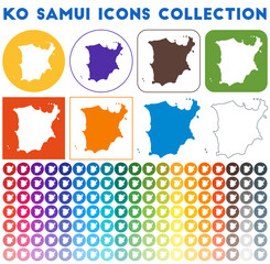 Ko Samui icons collection. Bright colourful trendy map icons. Modern Ko Samui badge with island map. Vector illustration.