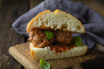 Sandwich with ciabatta and meatballs