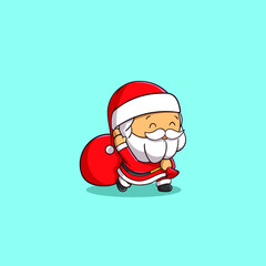 Cute Santa Claus brings a gift bag and greeting with a wave flat cartoon style Premium Vector