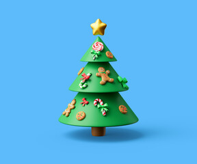 Simple decorated chistmas tree with star at the end and with sweets, cookies and bows on it 3d render illustration