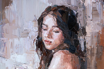A young girl wrapped in a sheet drinks red wine in a glass. Oil painting on canvas.