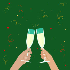 Human hand holding a glass of champagne. Postcard for the holiday New Year, Christmas, wedding day.