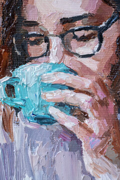A girl with glasses in a cafe reads a book and drinks coffee. Woman drinking tea reading a magazine. Oil painting on canvas. Contemporary art.
