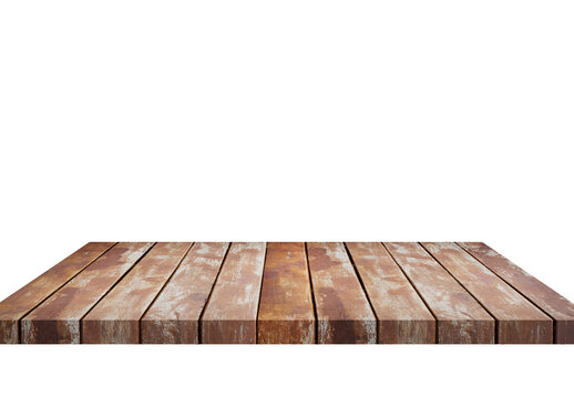 Empty brown old wooden shelf isolated on white background. for montage of your product