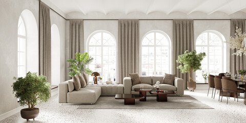 Large living room with arch windows, furnished with modern sofa and dining table, 3d render 