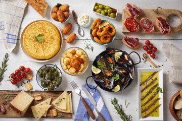 Typical dishes of Spanish food seen from above
