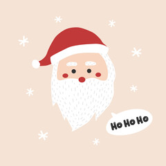 Cute doodle santa with message bubble. Christmas vector illustration in white and red colors. Santa Claus with white beard and red hat. Father Frost with text hohoho. Christmas and New Year design.