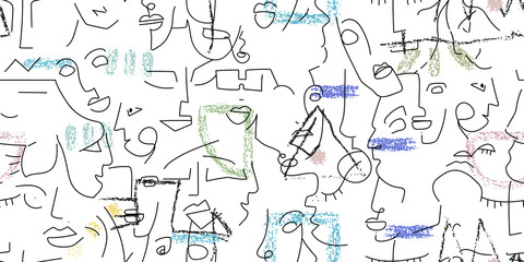 One line drawing. Abstract face seamless pattern.