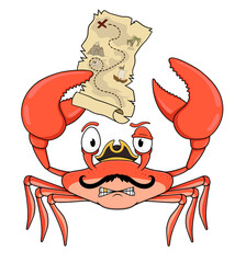 cartoon crab pirate with treasure map. isolated on white background