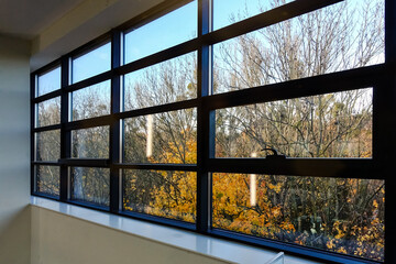 View through the panoramic windows of the autumn park