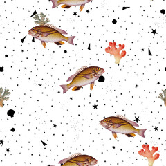 a beautiful and stunning repeated pattern of oceanic creatures called double string anthias...
