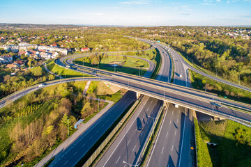 Motorway junction on A4 beltline around Krakow, Poland.  Overpass crossroad with slip roads,...