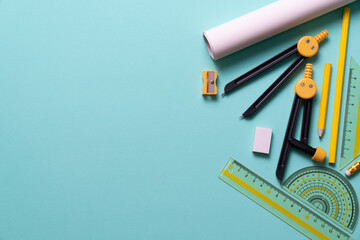 engineer or architect desk with stationery on green background in the office, project ideas concept