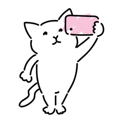 スマホを持って操作している可愛い白猫　全身