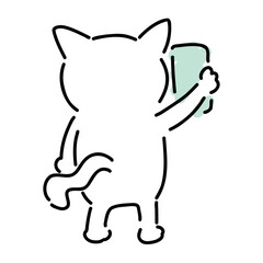 スマホを持っている可愛い白猫　後ろ姿