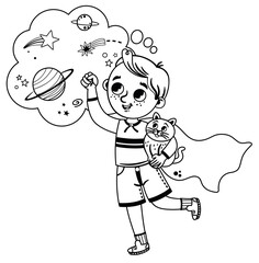 The boy and his cat, who is super hero in the fantasy world. Black and white.