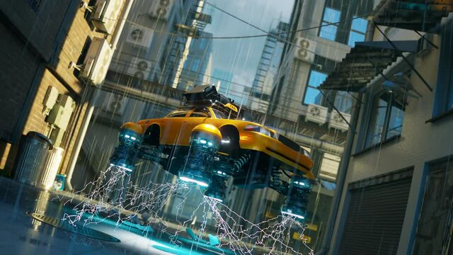 Futuristic yellow hover taxi levitating over rainy city street