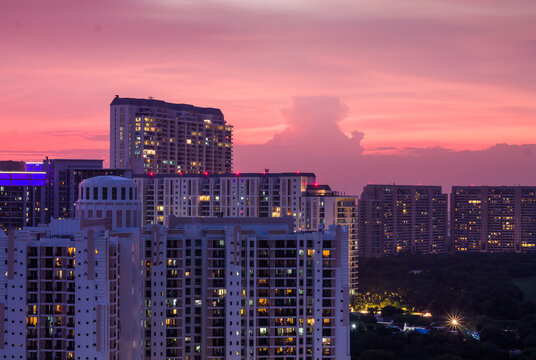 Beautiful Sunset In Gurgaon,Haryana,India Skyline During Covid 19 Pandemic On September 04,2021.Exterior View Of Urban, Modern Cityscape With Residential Apartments In Delhi NCR's Posh Locality.