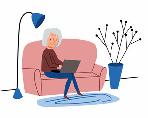 An elderly woman works at home at a computer. Cute granny is sitting on the couch and working. Freelance for pensioners. Flat vector illustration