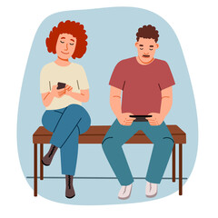 Obraz premium queue. people are sitting in line on a bench. vector illustration in a flat style