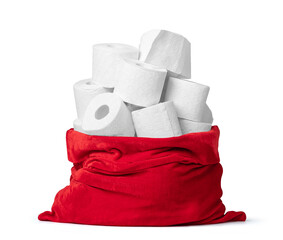 Red sack of Santa Claus full of toilet paper isolated on white background. File contains a path to...