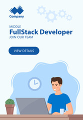 Recruitment web horizontal banner concept. Full Stack Developer needed. Young man working on laptop in office. Job offer, vacancy, HR, hiring. Vector flat Illustration.