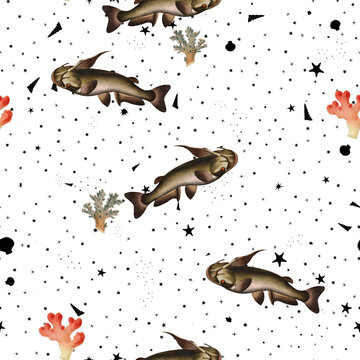 a beautiful and stunning repeated pattern of oceanic creatures called horned silure silurus militaris in high definition free download perfect for fabrics, t-shirts, mugs, etc