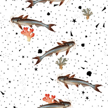 a beautiful and stunning repeated pattern of oceanic creatures called knotty silure silurus nodosus in high definition free download perfect for fabrics, t-shirts, mugs, etc