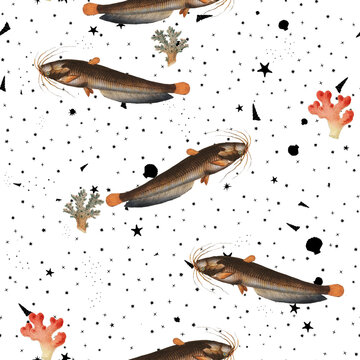 a beautiful and stunning repeated pattern of oceanic creatures called muddy silure silurus fossilis in high definition free download perfect for fabrics, t-shirts, mugs, etc