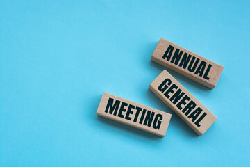On a bright blue background, light wooden blocks and cubes with the text AGM Annual General Meeting.