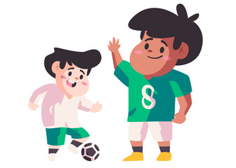 Father and son are playing football or soccer learns how to kick the ball flat color isolated background vector illustration