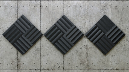 Black acoustic foam panels on concrete wall. 3d rendering - obrazy, fototapety, plakaty