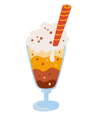 Coffee mug with whipped cream. Glass of hot cocoa or coffee and a straw. Warm sweet drink. Vector cartoon illustration. Isolate on a white background.