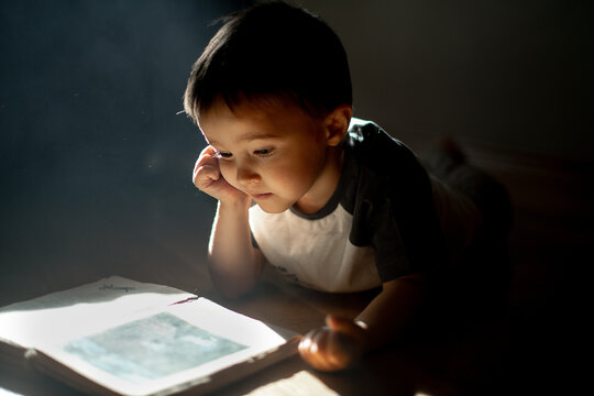 a little boy flips through the pages of a book and looks at pictures