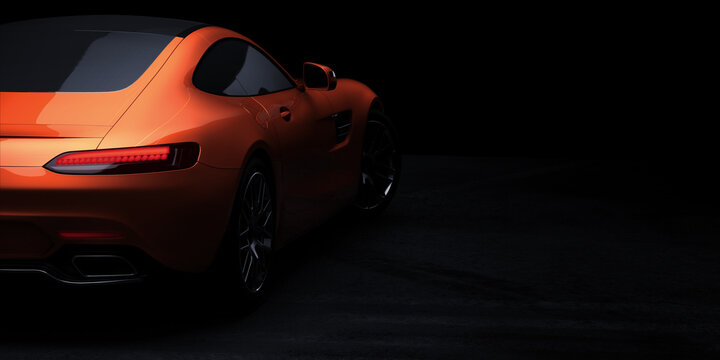 Orange Sportcar on dark background, for background page, brochure template, booklet, flyer. 3D render.