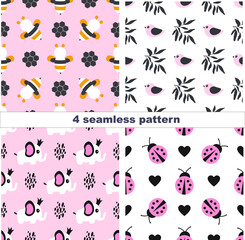 Four seamless pattern animals for kids. Seamless pattern with fantasy magic. Pastel seamless pattern  in Scandinavian style for fabrics, paper, textile, gift wrap 