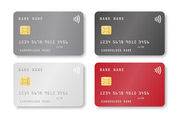 Bank card realistic mockup set - white, black, gray and red credit or debit cards with blank copy space isolated on white background. Vector illustration. - obrazy, fototapety, plakaty