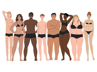 Diverse group of people of different nationalities and body types standing and smiling on a white background