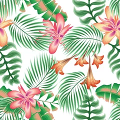 Plexiglas foto achterwand colorful leaves seamless tropical pattern fashionable with abstract flowers, monstera palm leaves plants and banana leaf on white background. vector design print. Floral background wallpaper. Exotic t © Dian Husaeni