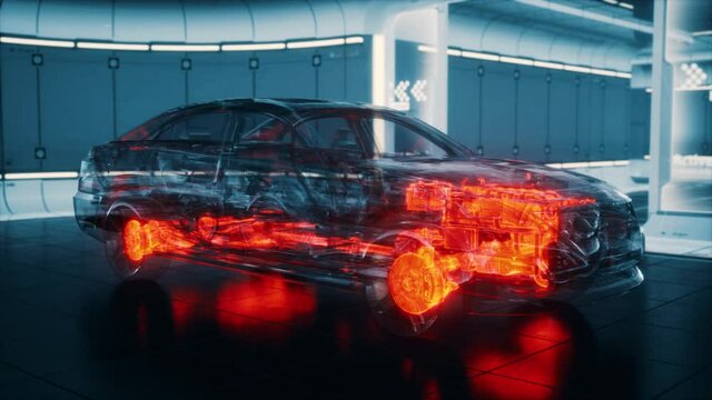 transparent car with engine in laboratory