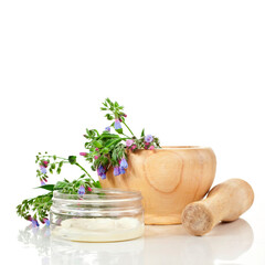 The Common Comfrey (Symphytum officinale) herb in a wooden mortar with jar of cosmetic cream isolated on a white background.