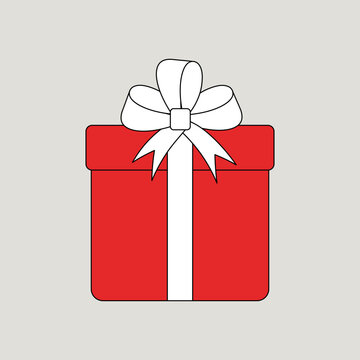 Gift Icon, Red Box Tied With A White Ribbon With A Bow, Black Outline Isolated On A Gray Background, Vector Illustration