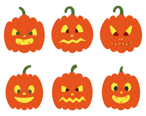 Pumpkin. Faces. Orange vegetable backlit. Vector set of illustrations. Isolated white background. Halloween symbol. A collection with a variety of grimaces. Flat style. Jack-lantern. Angry, smiling