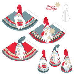 Template for 3D cut out figures of three gnomes with gifts, a candle, a bell and a Christmas star.