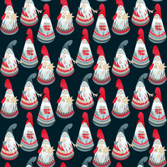 Gnomes with gifts, a candle, a bell and a Christmas star. Seamless background pattern.