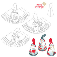 Template for 3D cut out figures of three gnomes with gifts, a candle, a bell and a Christmas star. Coloring page.