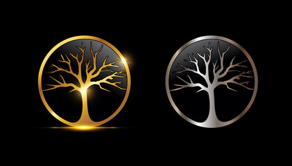 Gold and Silver Tree Circle Vector Sign